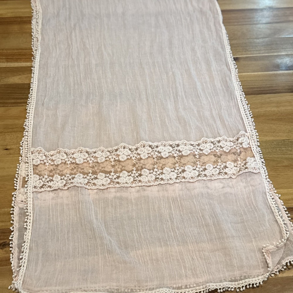 Blush Pink Sheer Scarf Floral Embroidered Lace Trim Coquette Cottagecore Wrap